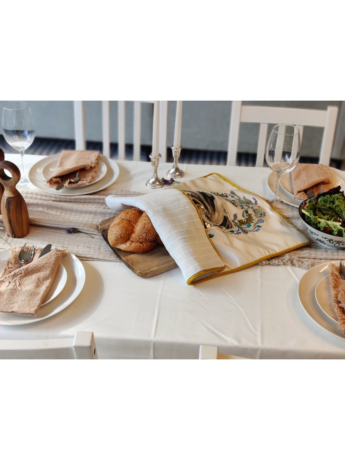 גוון כחול בגודל ענק "שבת" צ'ה רקומה ביד, כריכות חלה,